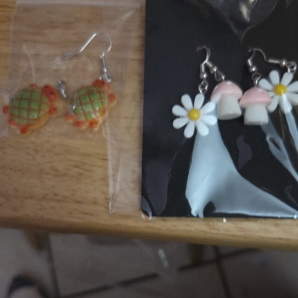 Earrings, Cute Turtle and Mushroom And Flower 3 Pr Set